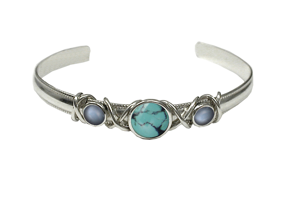 Sterling Silver Hand Made Cuff Bracelet With Chinese Turquoise And Grey Moonstone